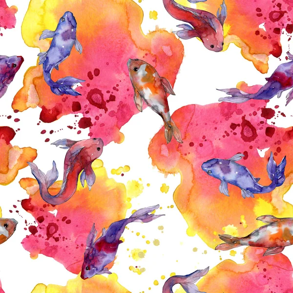 Aquatic fish set. Red sea and exotic fishes inside: Goldfish. Watercolor illustration set. Watercolour drawing fashion aquarelle. Seamless background pattern. Fabric wallpaper print texture. — Stock Photo