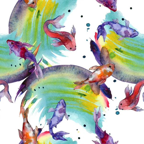 Peixes aquáticos. Mar vermelho e peixes exóticos dentro: Goldfish. Conjunto de ilustrações aquarela. Aquarelle desenho aquarelle moda. Padrão de fundo sem costura. Tecido papel de parede impressão textura . — Fotografia de Stock