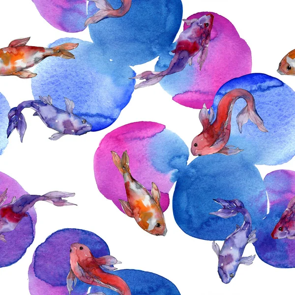 Водный набор рыб. Красное море и экзотические рыбы внутри: Золотая рыбка. Набор акварельных рисунков. Акварель для рисования акварелью. Бесшовный рисунок фона. Текстура ткани для печати обоев . — стоковое фото