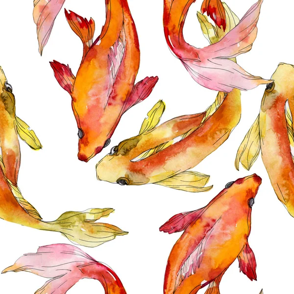 Aquatic fish set. Red sea and exotic fishes inside: Goldfish. Watercolor illustration set. Watercolour drawing fashion aquarelle. Seamless background pattern. Fabric wallpaper print texture. — Stock Photo