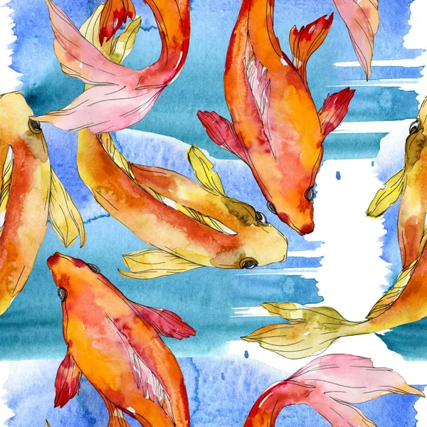 Juego de peces acuáticos. Mar Rojo y peces exóticos en su interior: Goldfish. Juego de ilustración en acuarela. Acuarela dibujo moda aquarelle. Patrón de fondo sin costuras. Textura de impresión de papel pintado de tela . - foto de stock