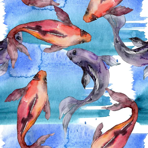 Wasserfisch-Set vorhanden. Rotes Meer und exotische Fische darin: Goldfische. Aquarell-Illustrationsset vorhanden. Aquarell zeichnen Mode-Aquarell. nahtlose Hintergrundmuster. Stoff Tapete drucken Textur. — Stockfoto