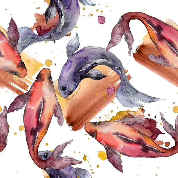 Wasserfisch-Set vorhanden. Rotes Meer und exotische Fische darin: Goldfische. Aquarell-Illustrationsset vorhanden. Aquarell zeichnen Mode-Aquarell. nahtlose Hintergrundmuster. Stoff Tapete drucken Textur. — Stockfoto