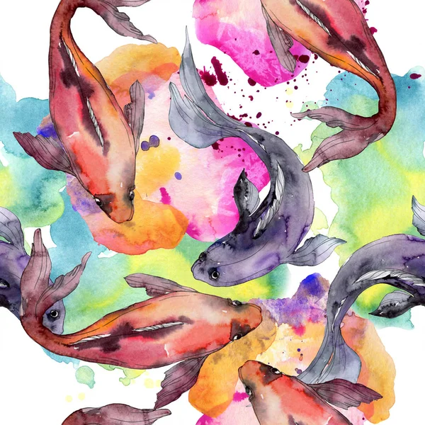 Wasserfisch-Set vorhanden. Rotes Meer und exotische Fische darin: Goldfische. Aquarell-Illustrationsset vorhanden. Aquarell zeichnen Mode-Aquarell. nahtlose Hintergrundmuster. Stoff Tapete drucken Textur. — Stockfoto
