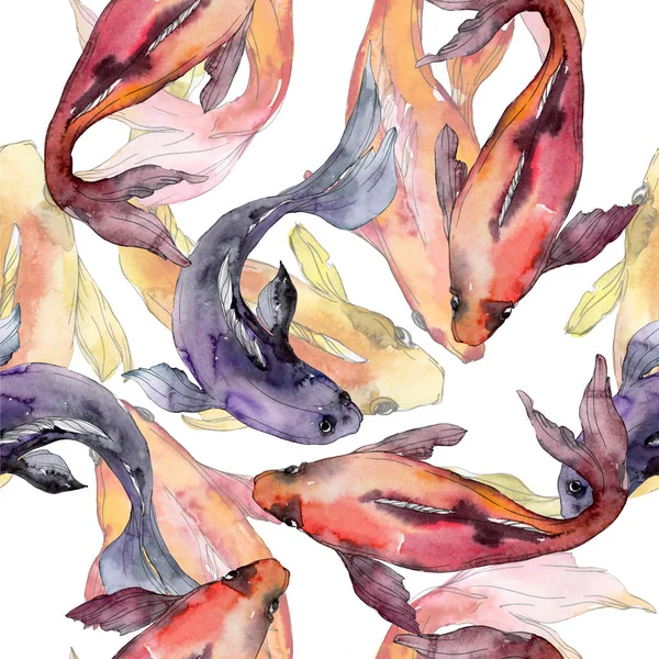 Juego de peces acuáticos. Mar Rojo y peces exóticos en su interior: Goldfish. Juego de ilustración en acuarela. Acuarela dibujo moda aquarelle. Patrón de fondo sin costuras. Textura de impresión de papel pintado de tela . - foto de stock