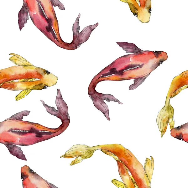 Set di pesci acquatici. Mare rosso e pesci esotici all'interno: Pesce rosso. Set illustrazione acquerello. Acquerello disegno moda acquerello. Modello di sfondo senza soluzione di continuità. Tessuto carta da parati stampa texture . — Foto stock