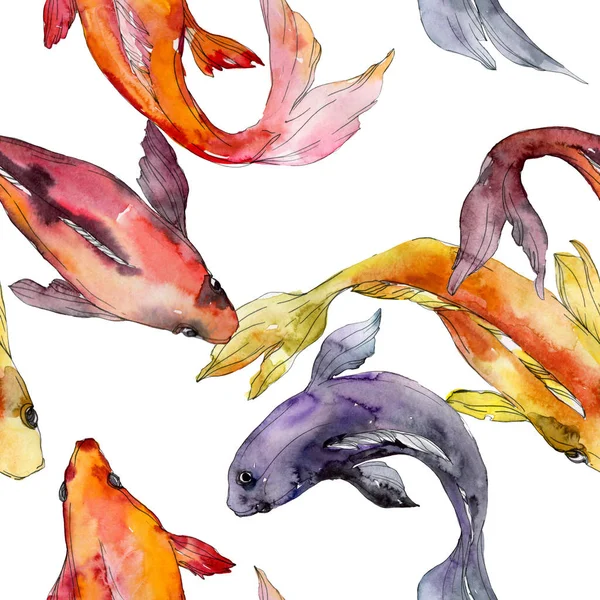 Aquatic fish set. Red sea and exotic fishes inside: Goldfish. Watercolor illustration set. Watercolour drawing fashion aquarelle. Seamless background pattern. Fabric wallpaper print texture. — Stock Photo