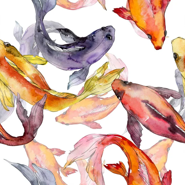 Aquatic fish set. Red sea and exotic fishes inside: Goldfish. Watercolor illustration set. Watercolour drawing fashion aquarelle. Seamless background pattern. Fabric wallpaper print texture. — Stock Photo