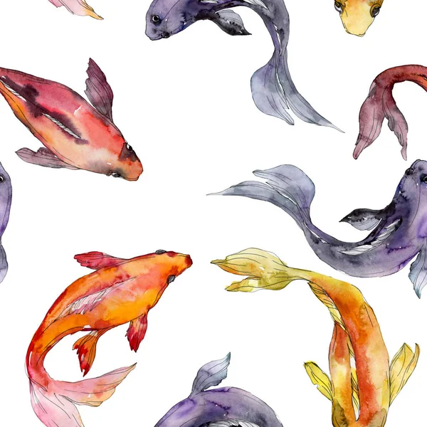 Peixes aquáticos. Mar vermelho e peixes exóticos dentro: Goldfish. Conjunto de ilustrações aquarela. Aquarelle desenho aquarelle moda. Padrão de fundo sem costura. Tecido papel de parede impressão textura . — Fotografia de Stock