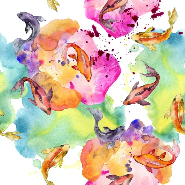 Juego de peces acuáticos. Mar Rojo y peces exóticos en su interior: Goldfish. Juego de ilustración en acuarela. Acuarela dibujo moda aquarelle. Patrón de fondo sin costuras. Textura de impresión de papel pintado de tela . - foto de stock