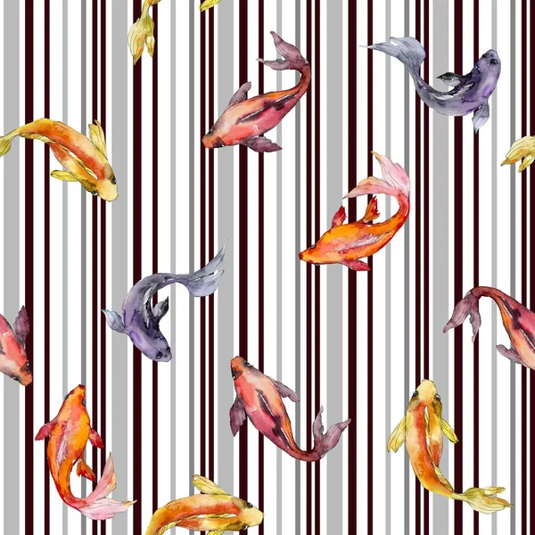 Aquatic fish set. Red sea and exotic fishes inside: Goldfish. Watercolor illustration set. Watercolour drawing fashion aquarelle. Seamless background pattern. Fabric wallpaper print texture. — Stock Photo