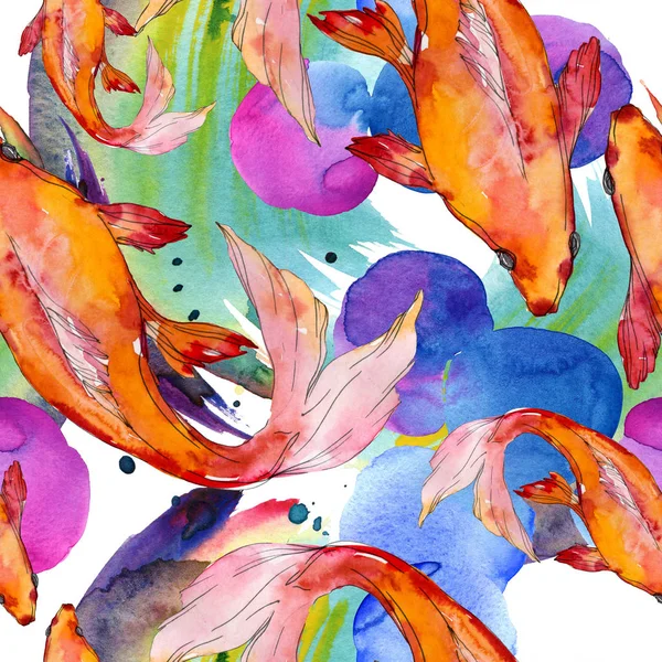 Peixes aquáticos. Mar vermelho e peixes exóticos dentro: Goldfish. Conjunto de ilustrações aquarela. Aquarelle desenho aquarelle moda. Padrão de fundo sem costura. Tecido papel de parede impressão textura . — Fotografia de Stock