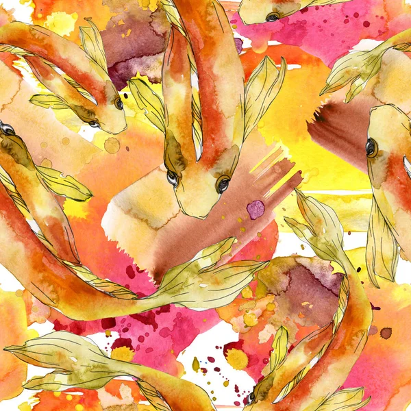 Aquatic fish set. Red sea and exotic fishes inside: Goldfish. Watercolor illustration set. Watercolour drawing fashion aquarelle. Seamless background pattern. Fabric wallpaper print texture. — Stock Photo