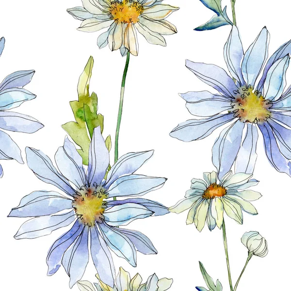 Daisies with green leaves watercolor illustration, seamless background pattern — Stock Photo