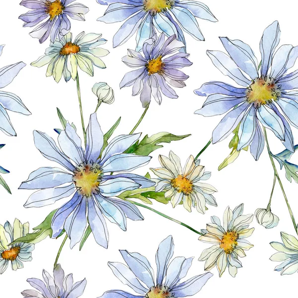Gänseblümchen mit grünen Blättern Aquarell Illustration, nahtlose Hintergrundmuster — Stockfoto