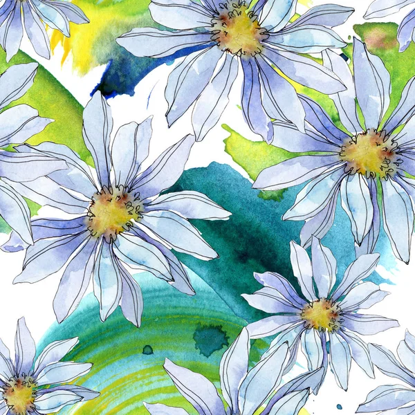 Маргаритки с зелеными листьями акварели иллюстрации, бесшовный рисунок фона — стоковое фото