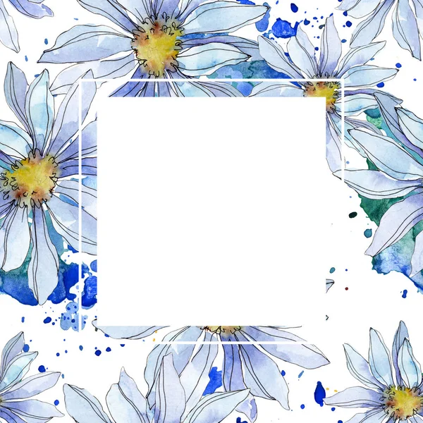 Daisies with green leaves watercolor illustration set, frame border ornament with copy space — Stock Photo