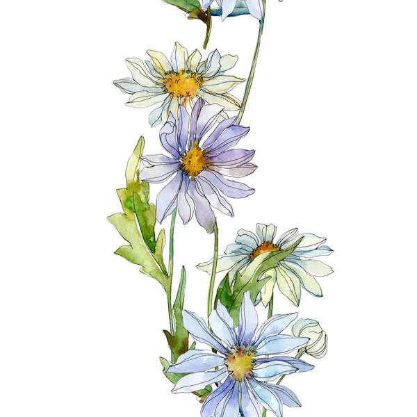 Daisies with green leaves watercolor illustration, seamless background pattern — Stock Photo