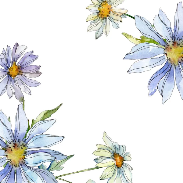 Daisies with green leaves watercolor illustration set, frame border ornament with copy space — Stock Photo