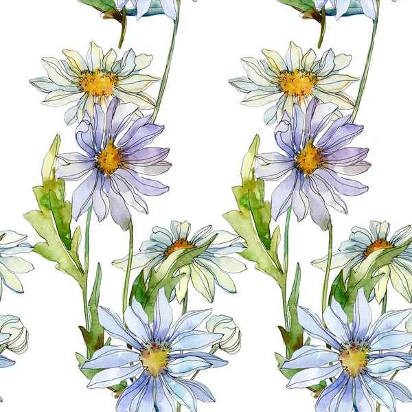 Daisies with green leaves watercolor illustration, seamless background pattern — Stock Photo