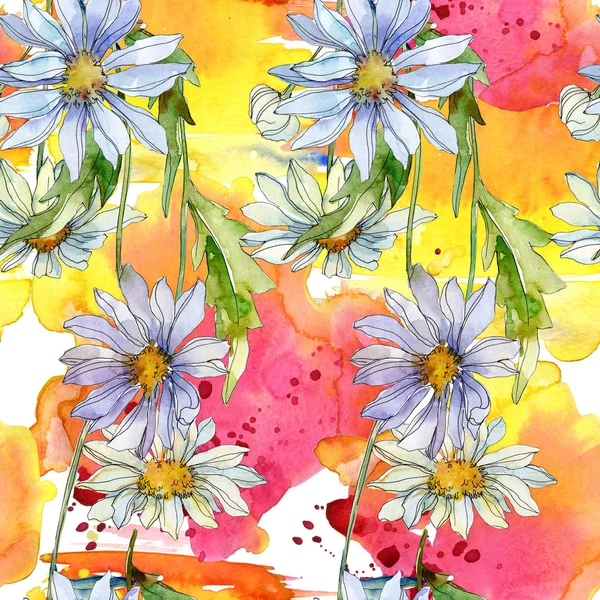 Daisies with green leaves watercolor illustration, seamless background pattern — Stock Photo