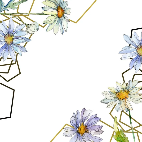 Marguerites avec feuilles vertes aquarelle jeu d'illustration, cadre bordure ornement avec espace de copie — Photo de stock