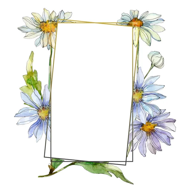 Daisies with green leaves watercolor illustration set, frame border ornament with copy space — Stock Photo