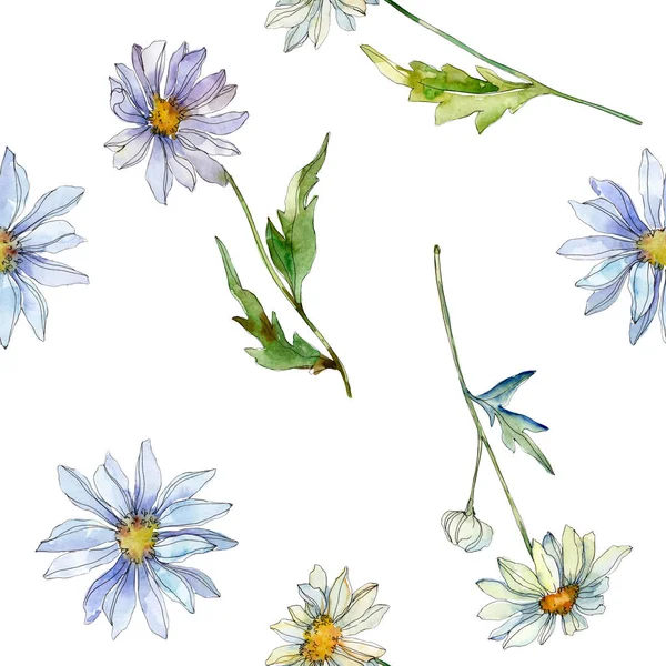 Daisies with green leaves watercolor illustration, seamless background pattern — Stock Photo