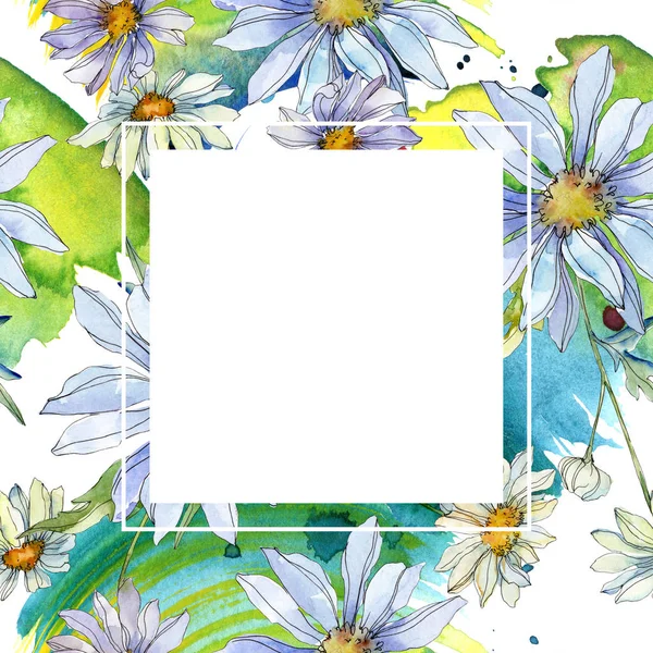 Daisies with green leaves watercolor illustration set, frame border ornament with copy space — Stock Photo