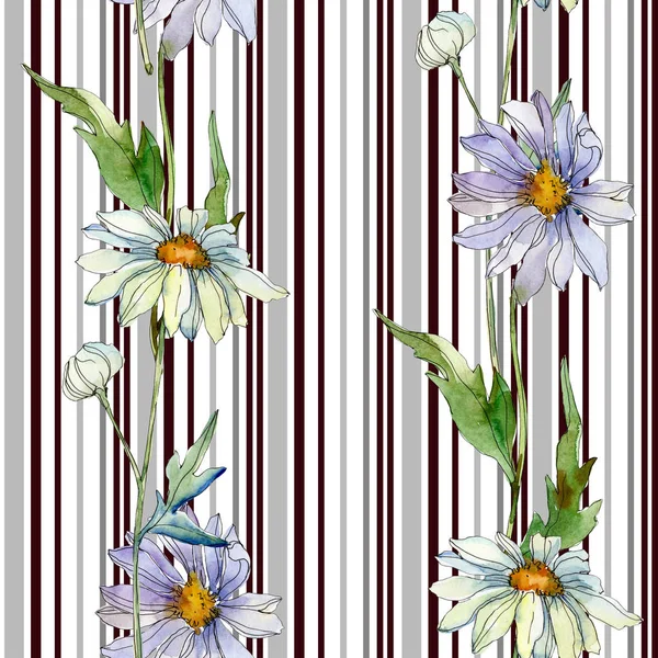 Margaritas con hojas verdes ilustración acuarela, patrón de fondo sin costuras - foto de stock