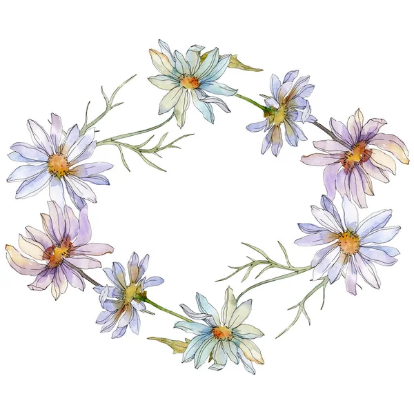 Chamomiles and daisies with green leaves watercolor illustration set, frame border ornament with copy space — Stock Photo