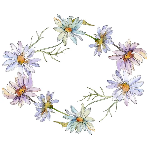 Camomilles et marguerites avec feuilles vertes aquarelle jeu d'illustration, cadre bordure ornement avec espace de copie — Photo de stock