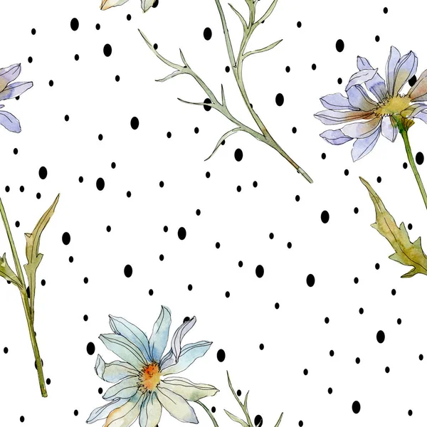 Chamomiles and daisies with green leaves watercolor illustration, seamless background pattern — Stock Photo