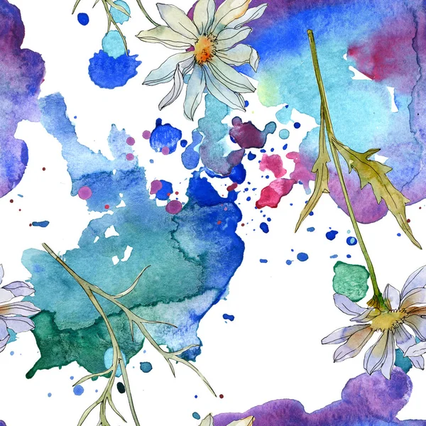 Camomilles et marguerites avec des feuilles vertes illustration aquarelle, motif de fond sans couture — Photo de stock