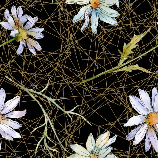Kamille und Gänseblümchen mit grünen Blättern Aquarell Illustration, nahtlose Hintergrundmuster — Stockfoto