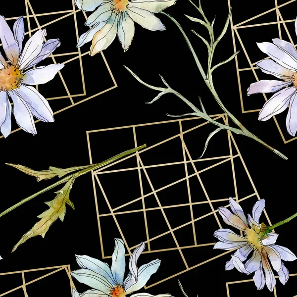 Chamomiles and daisies with green leaves watercolor illustration, seamless background pattern — Stock Photo