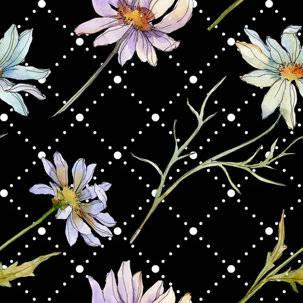 Camomilles et marguerites avec des feuilles vertes illustration aquarelle, motif de fond sans couture — Photo de stock
