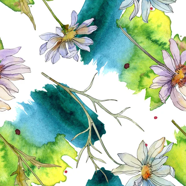 Kamille und Gänseblümchen mit grünen Blättern Aquarell Illustration, nahtlose Hintergrundmuster — Stockfoto