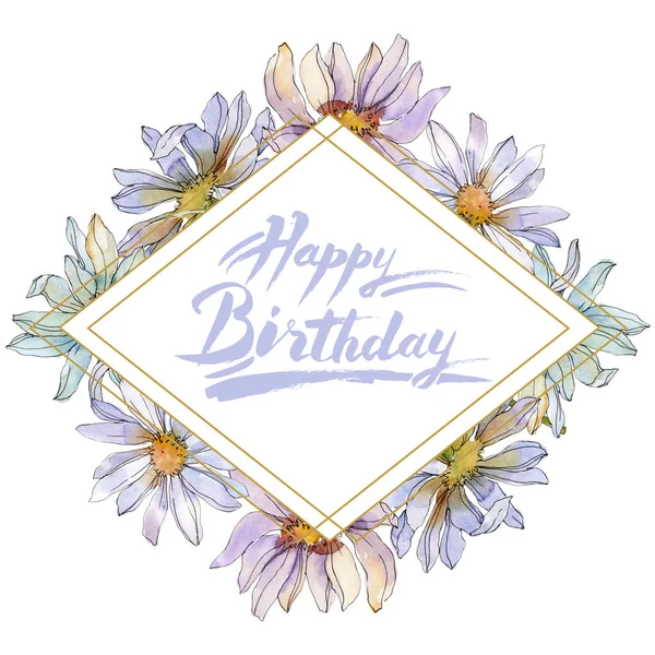 Camomilles et marguerites avec feuilles vertes aquarelle jeu d'illustration, cadre bordure ornement avec joyeux anniversaire lettrage — Photo de stock