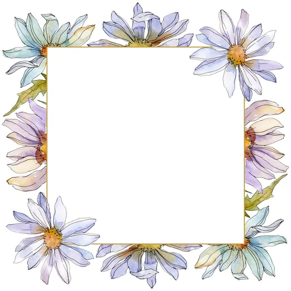 Camomilles et marguerites avec feuilles vertes aquarelle jeu d'illustration, cadre bordure ornement avec espace de copie — Photo de stock