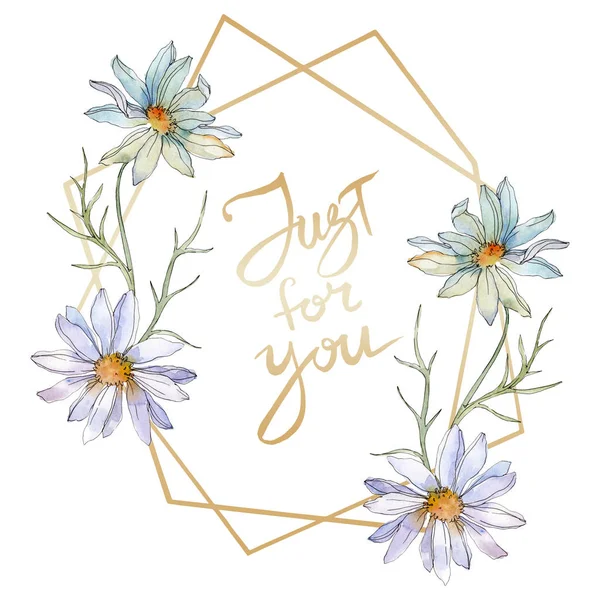 Chamomiles and daisies with green leaves watercolor illustration set, frame border ornament with just for you lettering — Stock Photo