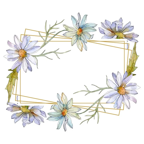 Kamille und Gänseblümchen mit grünen Blättern Aquarell-Illustrations-Set, Rahmen Bordüre Ornament mit Kopierraum — Stockfoto
