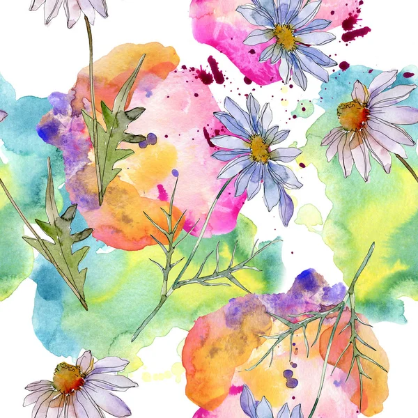 Camomilles avec des feuilles vertes illustration aquarelle, motif de fond sans couture — Photo de stock