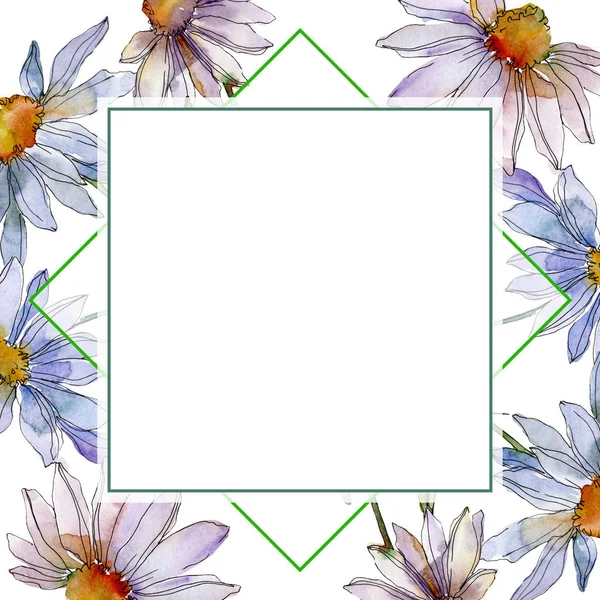 Camomilas e margaridas com folhas verdes conjunto de ilustração aquarela, ornamento borda quadro com espaço de cópia — Fotografia de Stock