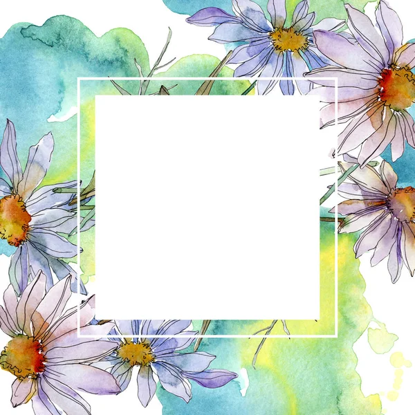 Camomilles et marguerites avec feuilles vertes aquarelle jeu d'illustration, cadre bordure ornement avec espace de copie — Photo de stock