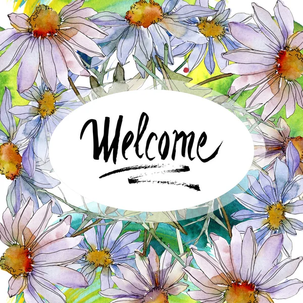 Chamomiles and daisies with green leaves watercolor illustration set, frame border ornament with welcome lettering — Stock Photo