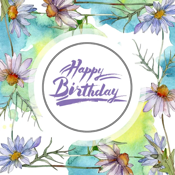 Chamomiles and daisies with green leaves watercolor illustration set, frame border ornament with happy birthday lettering — Stock Photo