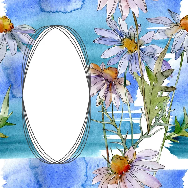 Kamille und Gänseblümchen mit grünen Blättern Aquarell-Illustrations-Set, Rahmen Bordüre Ornament mit Kopierraum — Stockfoto