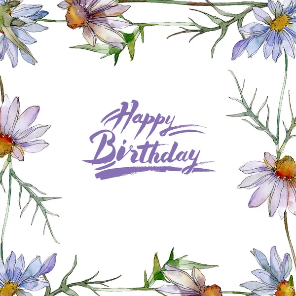 Chamomiles and daisies with green leaves watercolor illustration set, frame border ornament with happy birthday lettering — Stock Photo