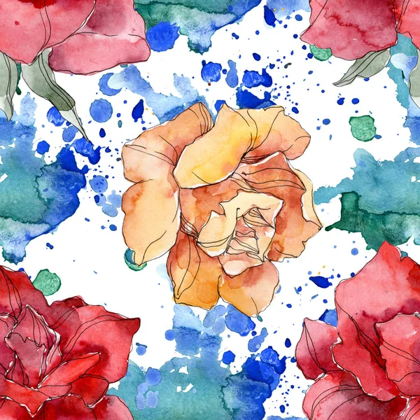 Orangen und roten Rosen florale botanische Blume. wildes Frühlingsblatt isoliert. Aquarell-Illustrationsset vorhanden. Aquarell zeichnen Mode-Aquarell. nahtlose Hintergrundmuster. Stoff Tapete drucken Textur. — Stockfoto